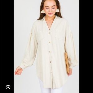 Tahari Cream Button-Up Linen Blouse size XXL Collarless